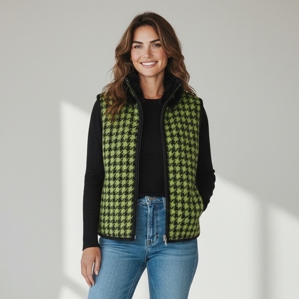 Tally-Ho‎ Womens 100% Wool Houndstooth Zip Up Vest Faux Fur Trim Green Black S
